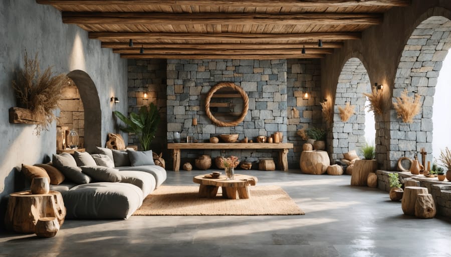 Living room featuring exposed wooden beams, natural stone accent wall, and curved furniture elements