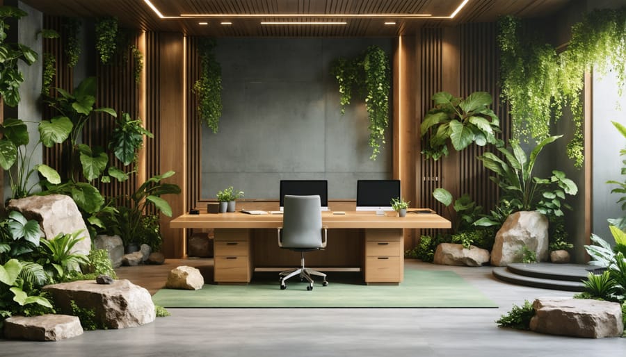 Contemporary office interior showcasing natural materials and biophilic textures