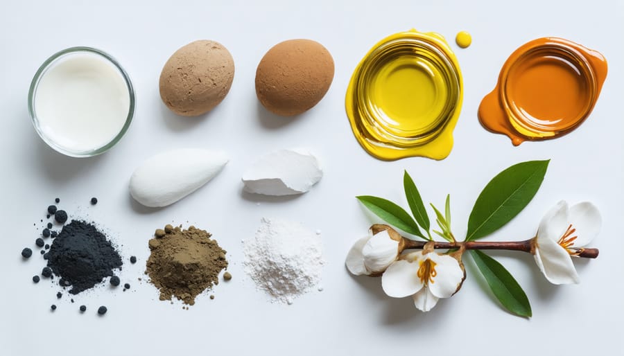 Various natural and sustainable paint ingredients arranged on a wooden surface