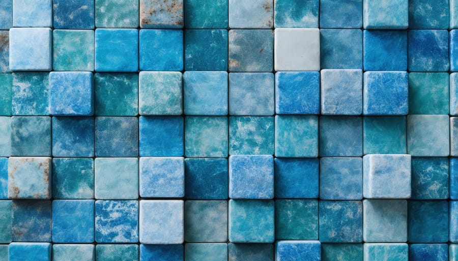 Decorative interior tiles made from recycled ocean plastic in various blue and turquoise hues