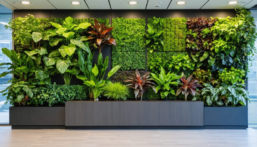 Floor-to-ceiling green wall with diverse plant species in a corporate office environment