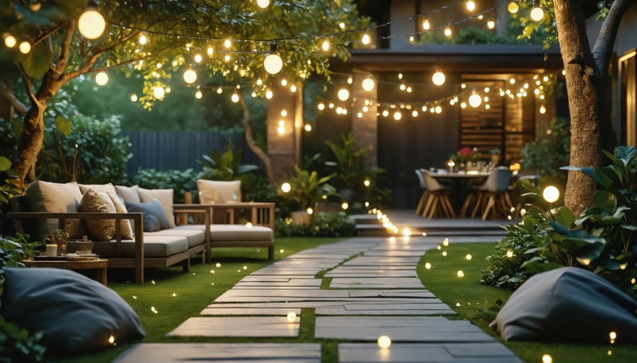 Well-lit outdoor living area at night showcasing various lighting techniques