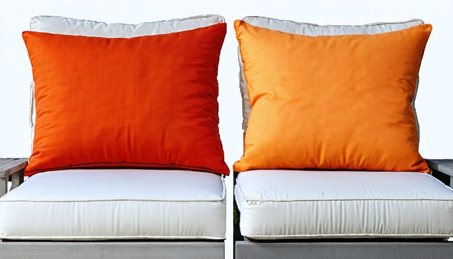 Side-by-side comparison of weathered traditional cushions versus durable solution-dyed acrylic cushions