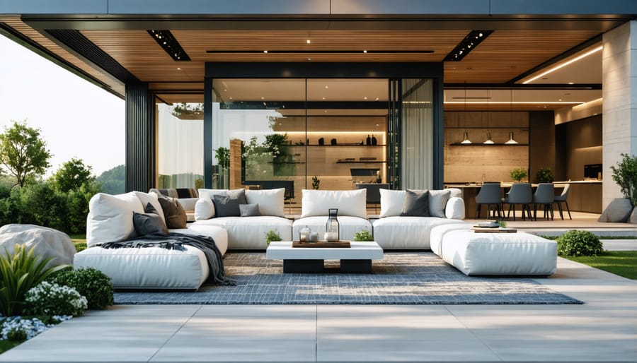 Luxurious backyard patio with weatherproof sectional sofa, outdoor cushions, and pergola cover