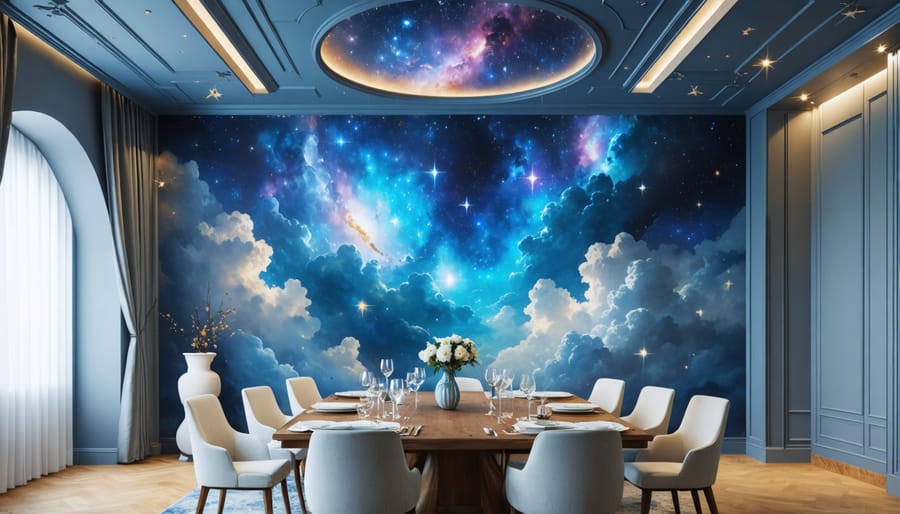 Decorative ceiling mural with night sky theme in blue and gold colors