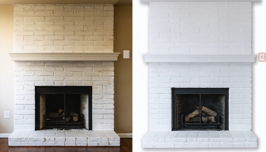 Side-by-side comparison of a traditional red brick fireplace before and after painting it white