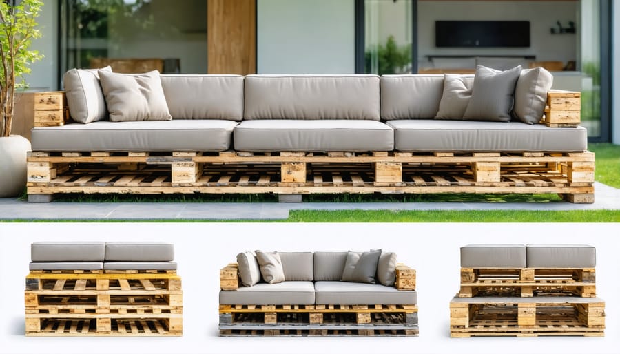 Step-by-step transformation of wooden pallets into an outdoor patio sofa