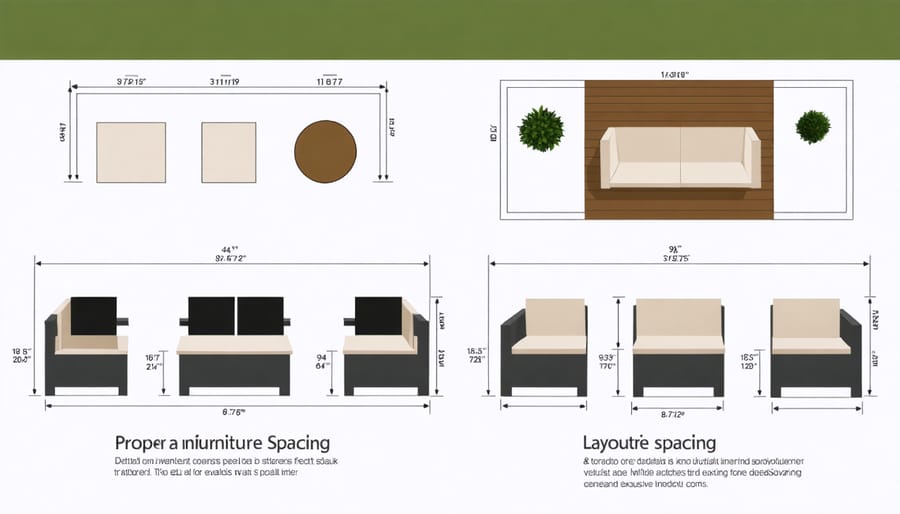 Diagram illustrating outdoor furniture spacing guidelines and measurement tips