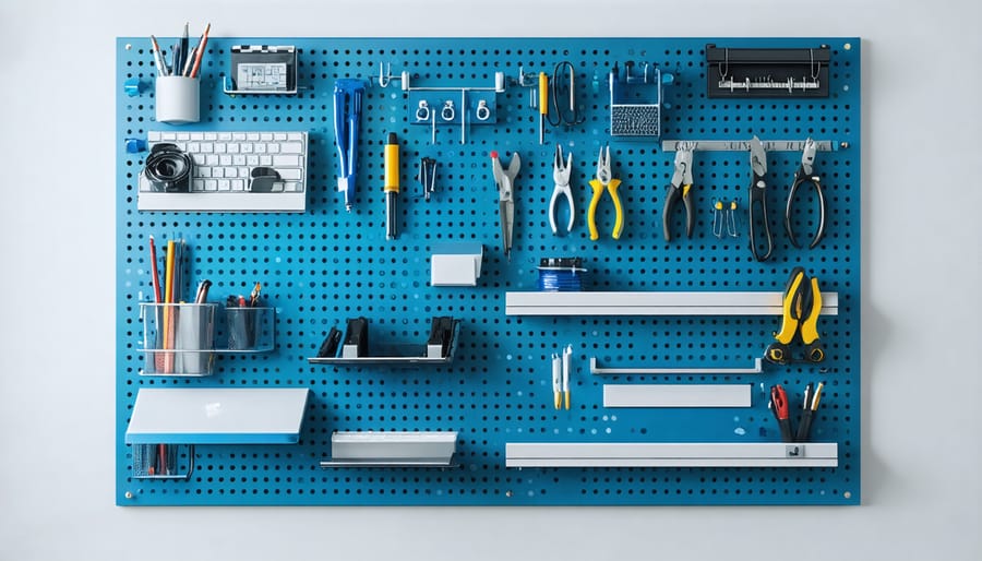 Customized pegboard desk divider with hanging organizers, small shelves, and office supplies