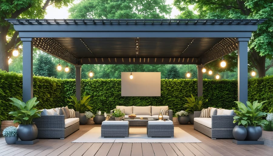 Contemporary pergola with adjustable cover system and ambient lighting