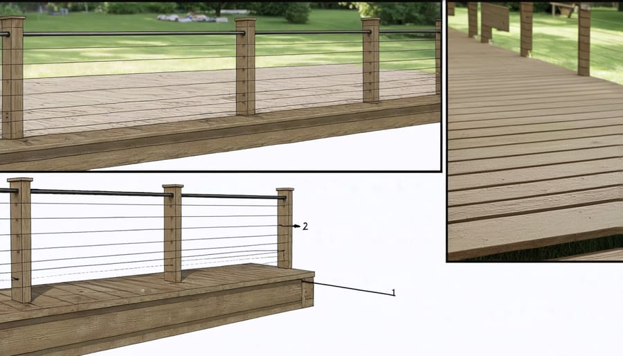 DIY deck railing installation tools and materials laid out with partially completed installation