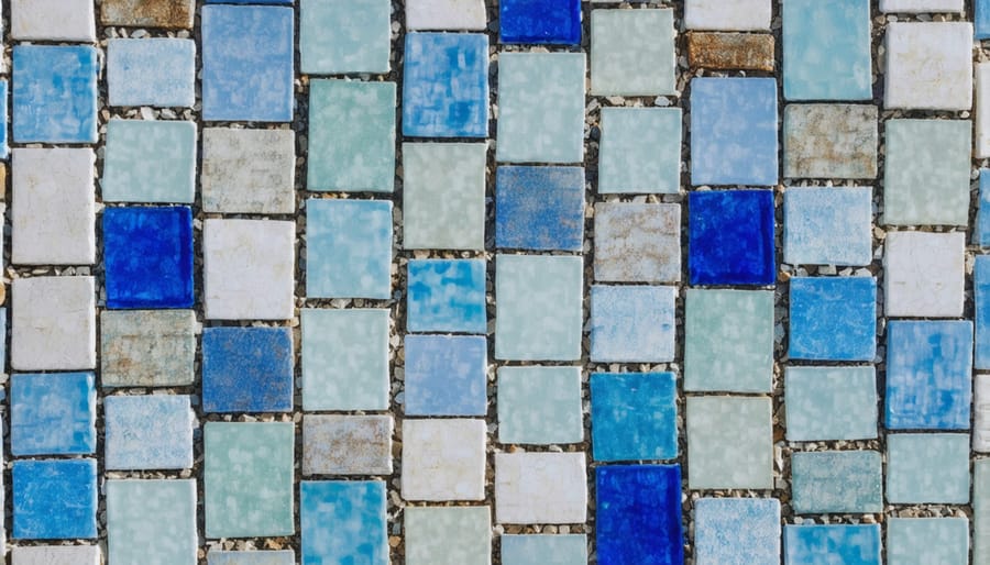 Mosaic pattern created with recycled glass floor tiles showing iridescent colors and texture