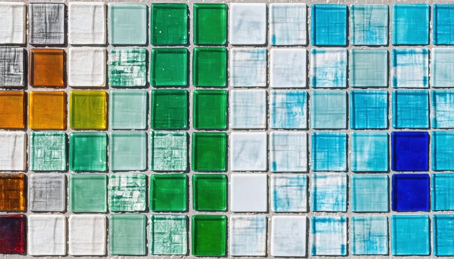 Collection of colorful recycled glass floor tiles displaying different designs and finishes