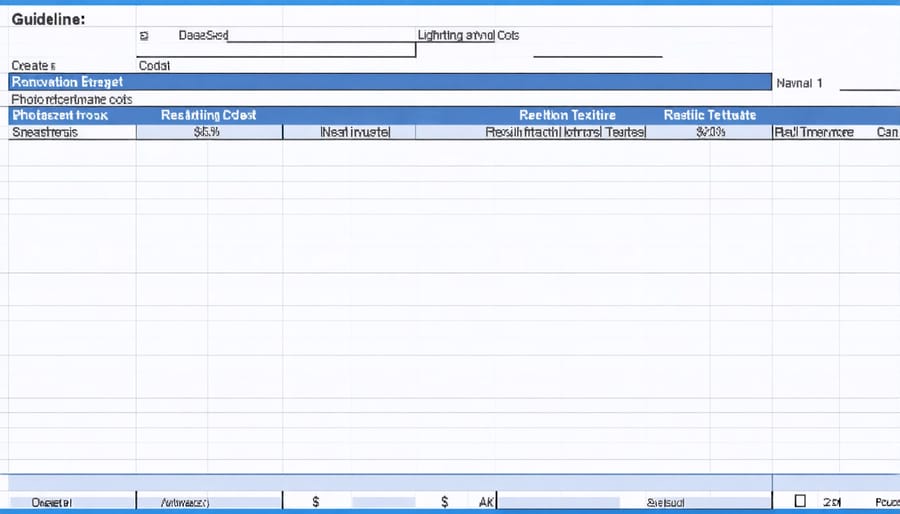 Sample renovation budget spreadsheet showing cost categories and calculations