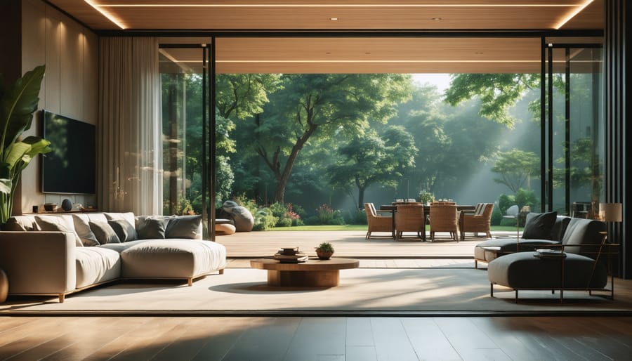 Seamless transition between indoor living room and outdoor deck space with consistent design elements