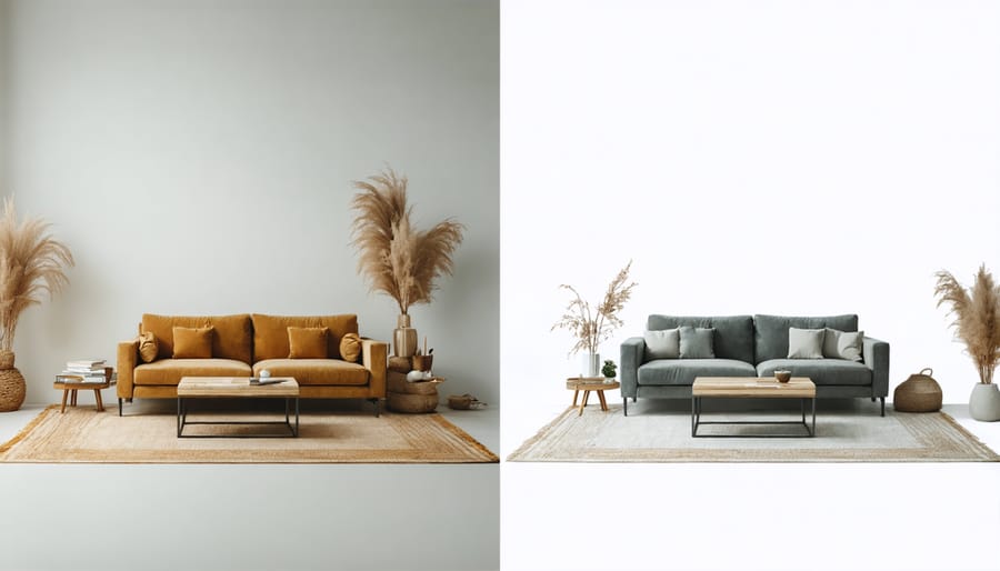 Side-by-side comparison of a living room's summer and winter layouts