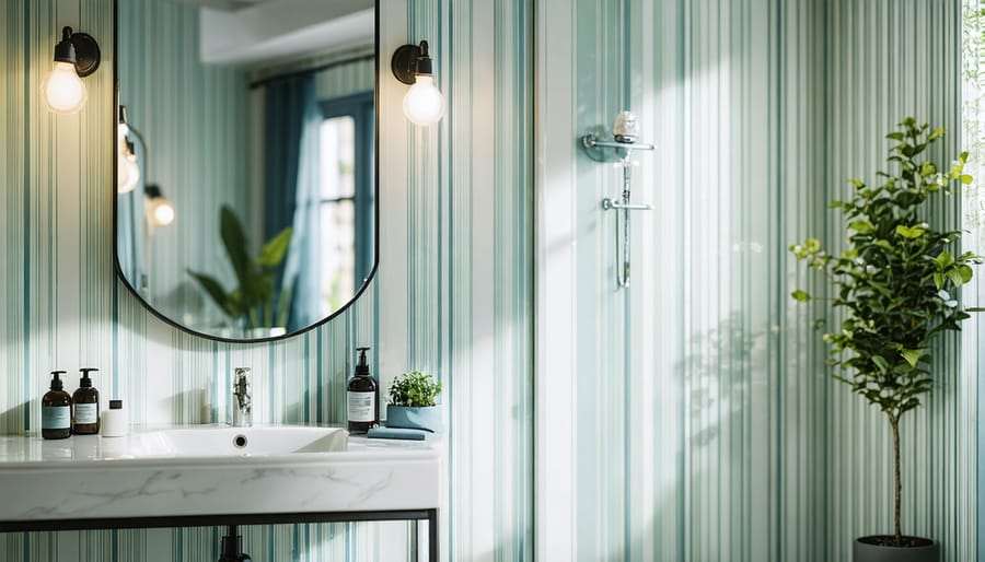 Compact bathroom featuring vertical stripe pattern and mirror placement to enhance spatial perception