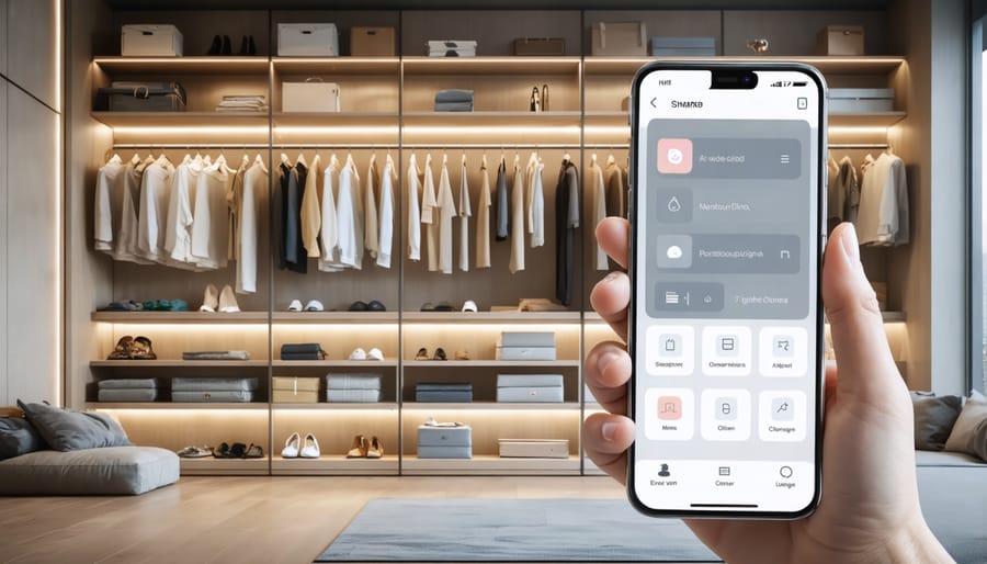 Modern closet featuring smart organization system with interactive touchscreen and automated lighting