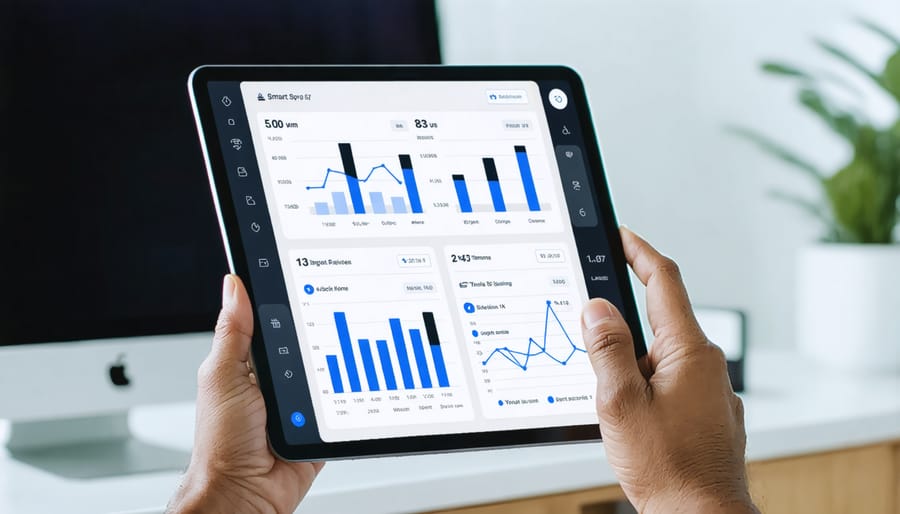 Digital dashboard displaying home energy consumption graphs and savings statistics