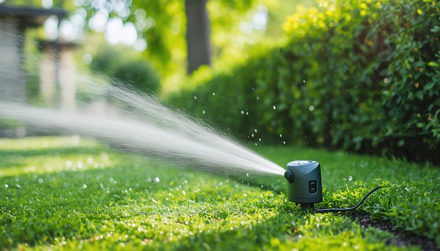 Automated garden irrigation system with visible sensors and water-efficient sprinklers