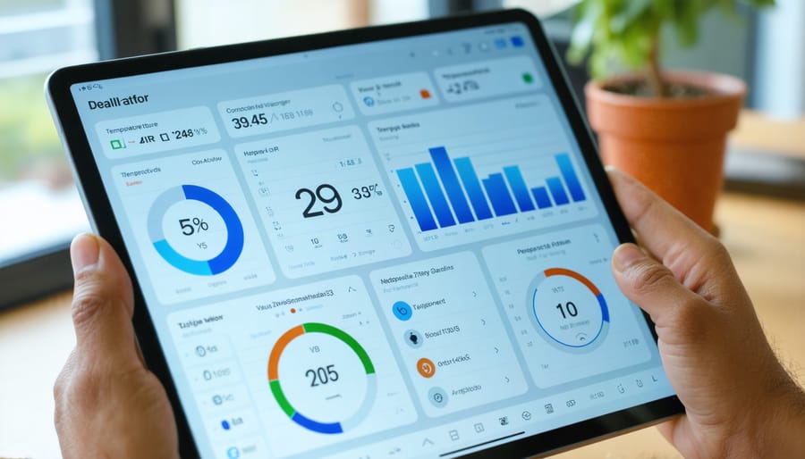 Smart home control interface displaying various environmental controls and energy management features