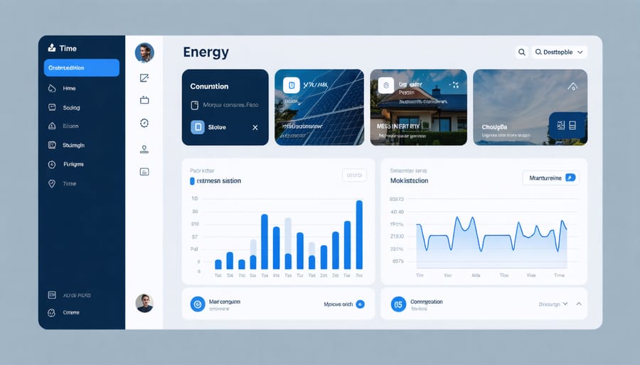 Digital interface displaying home energy usage statistics, temperature controls, and automated settings