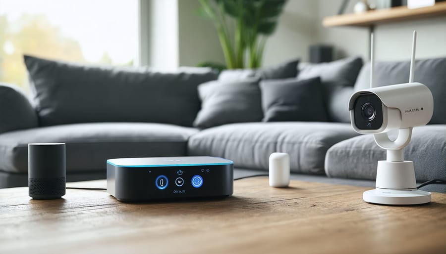 Smart home hub centrally positioned with various connected smart devices around it