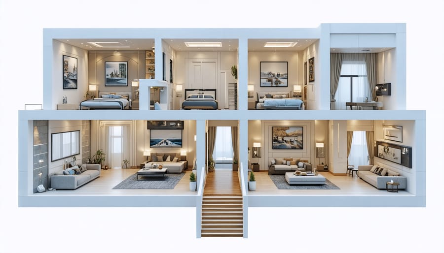 Interactive home floor plan showing smart lighting solutions for different rooms