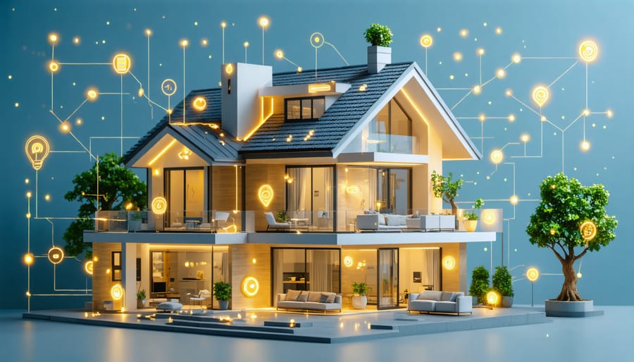 Network diagram showing interconnected smart home sensors and IoT devices throughout a modern house