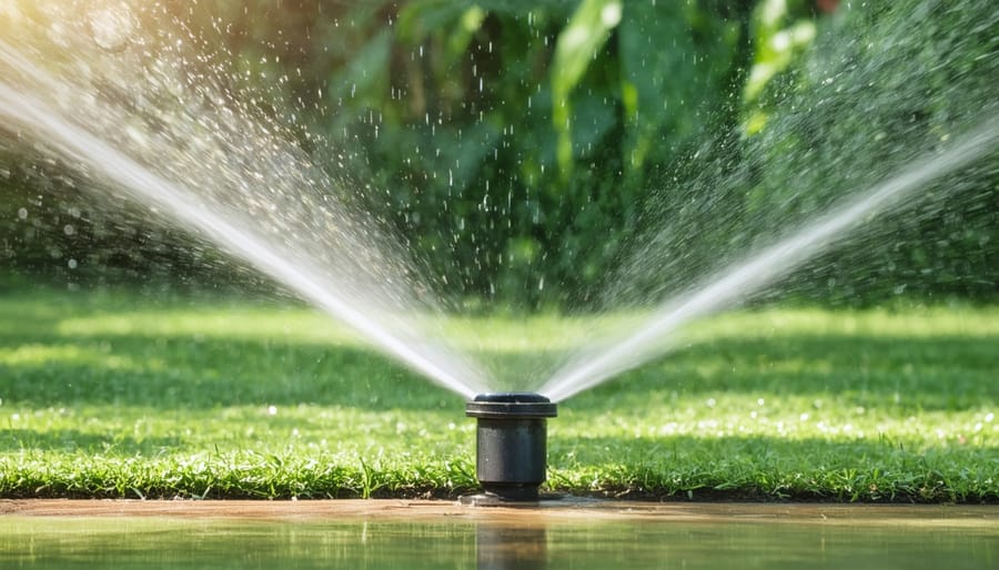 Garden irrigation system with smart controllers and efficient sprinkler heads watering plants