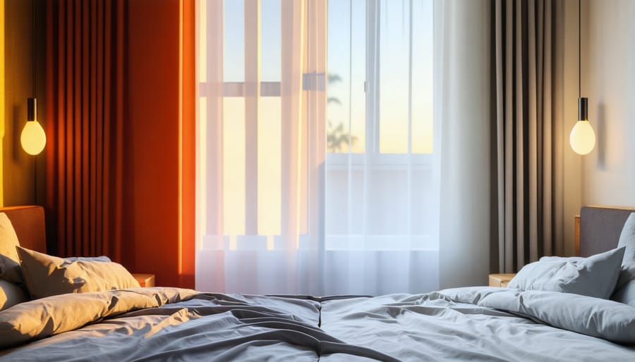 Side-by-side comparison of a bedroom with warm sunset-like lighting and cool morning daylight