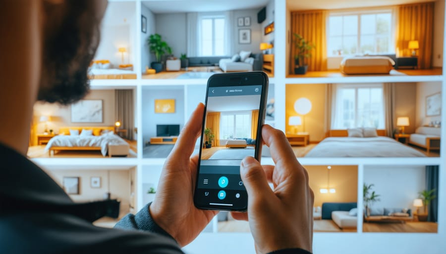 Smart home lighting control interface on smartphone with illuminated rooms in background