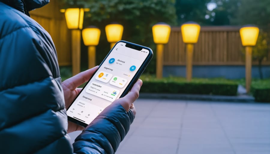 Homeowner adjusting outdoor lighting settings through smart device interface