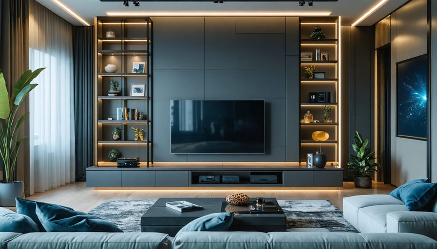 Fully automated living room with smart lighting, TV, and thermostat