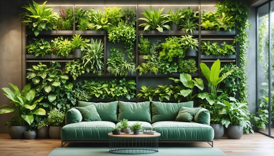 Living wall featuring automated plant care systems and integrated mood lighting