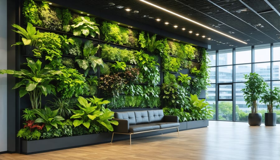 Vertical garden wall system with integrated automation features showing lush plant growth