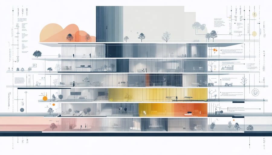 Technical illustration of smart building skin layers and components