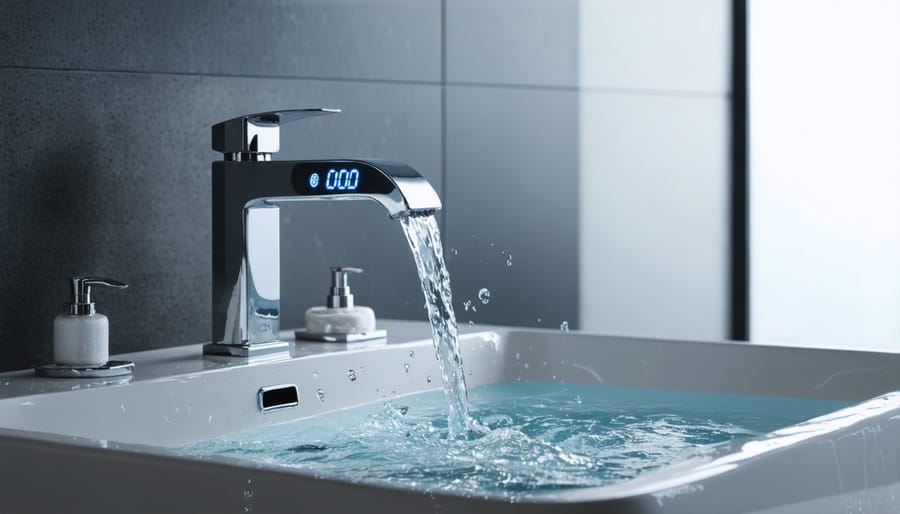 Modern touchless faucet with LED display demonstrating smart water control features