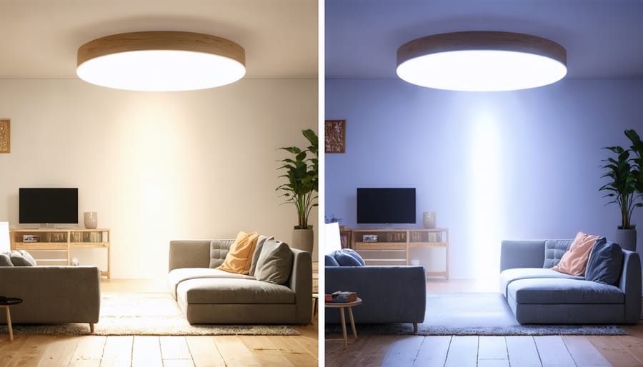 Side-by-side comparison of traditional versus smart lighting in a modern living room