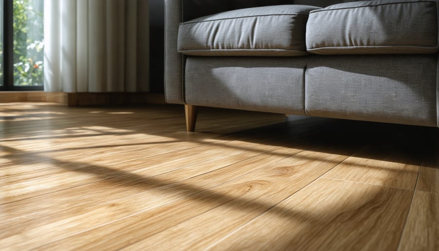 Detail shot of strand-woven bamboo flooring showing grain pattern and installation technique