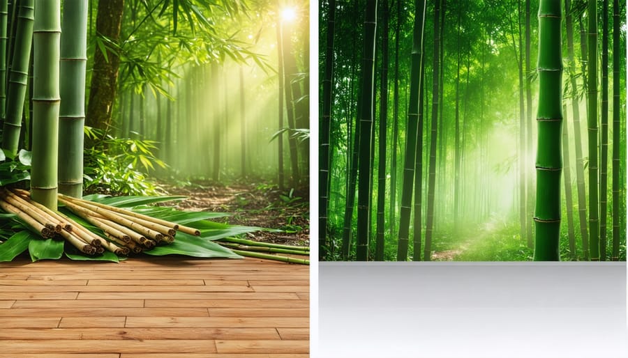 Sustainable bamboo flooring manufacturing process showing raw bamboo and finished floor panels