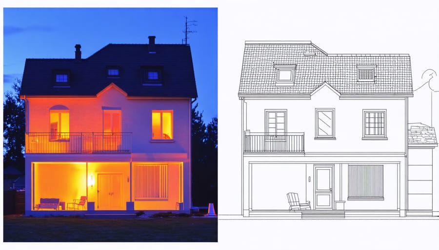 Side-by-side comparison of traditional and sustainable home energy efficiency using thermal imaging