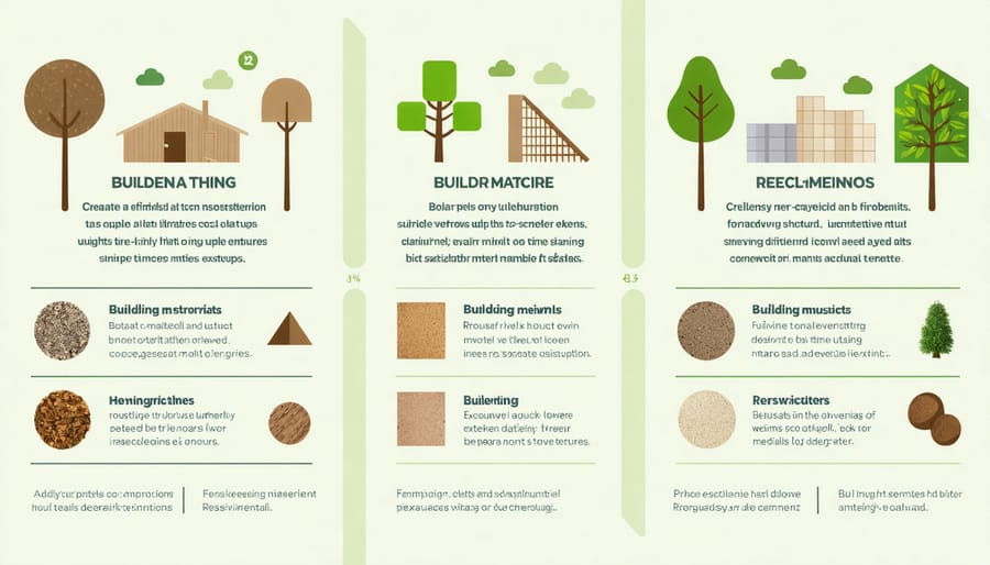 Visual comparison of sustainable building materials including recycled wood, bamboo, and recycled metal