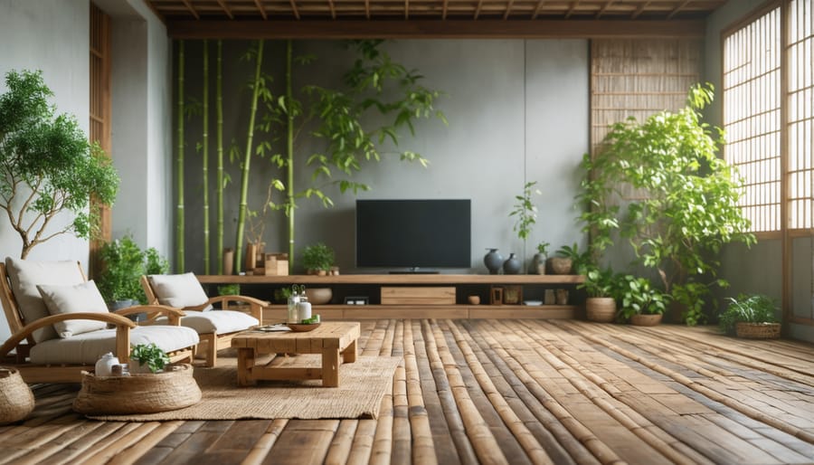 Sustainable living room with bamboo floors, reclaimed wood furniture, and large windows for natural lighting