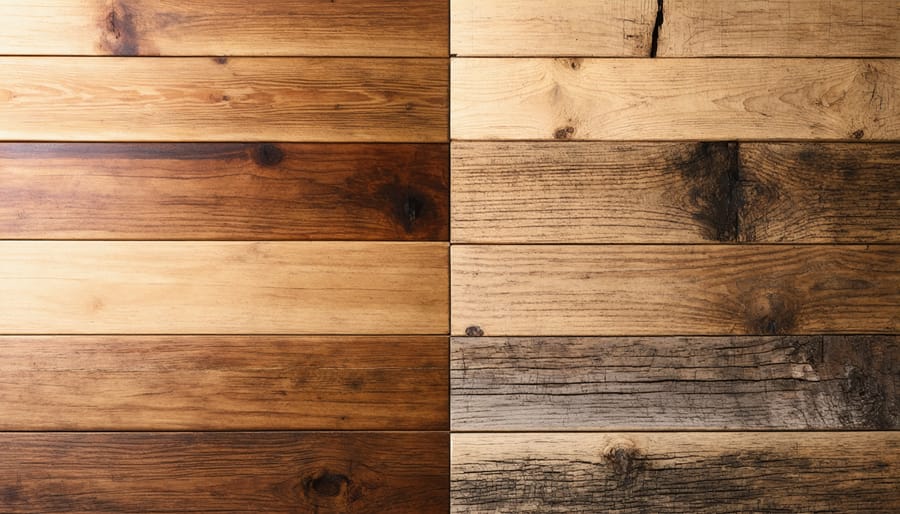 Side-by-side display of new FSC-certified hardwood and weathered reclaimed wood flooring samples