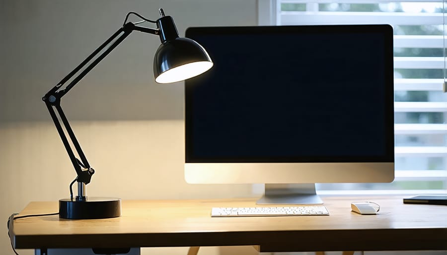 Modern desk lamp and monitor backlighting demonstrating proper task lighting configuration