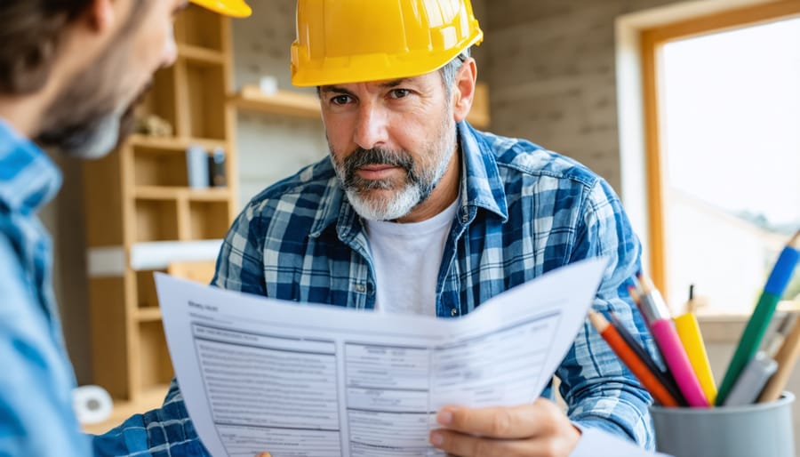 Homeowner and contractor reviewing Energy Star certificates and tax credit paperwork at kitchen table