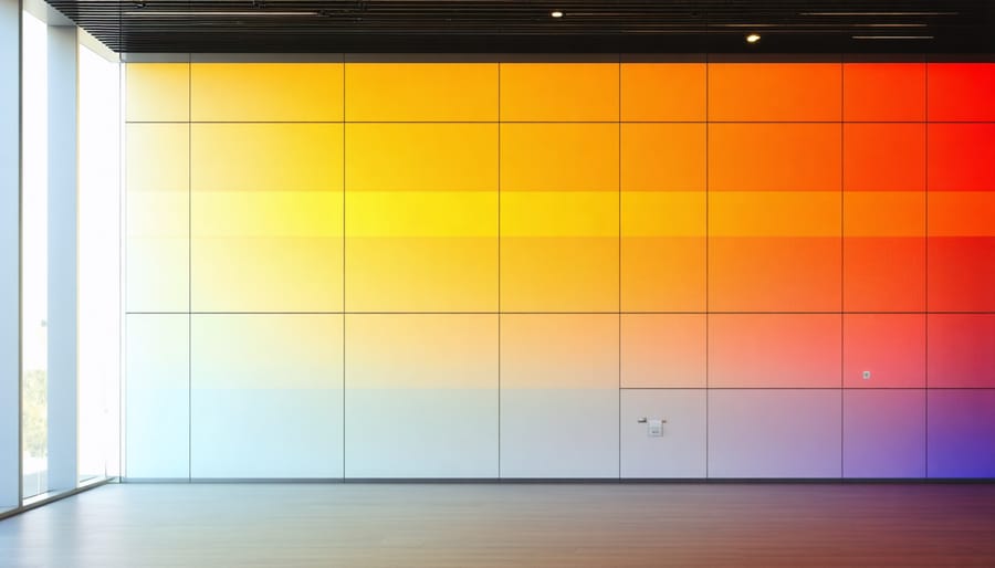 Smart wall panel displaying color change response to different temperature conditions