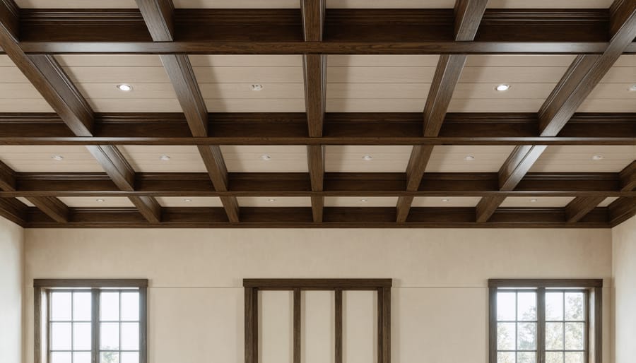 Traditional coffered ceiling with dark wood beams in a classic living room setting