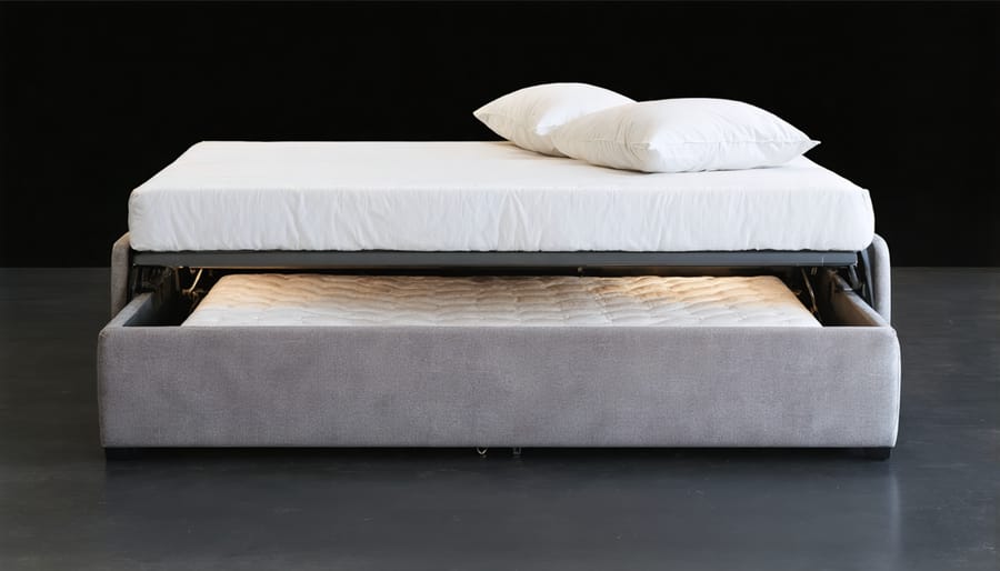 Multi-functional furniture piece showing transformation from ottoman to bed with built-in storage compartment